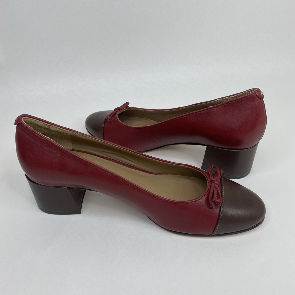 BERNARDO Marisol Cap Toe Pumps Two Tone Leather Dark Red/Brown Sz 9M Block Heel - Picture 3 of 15